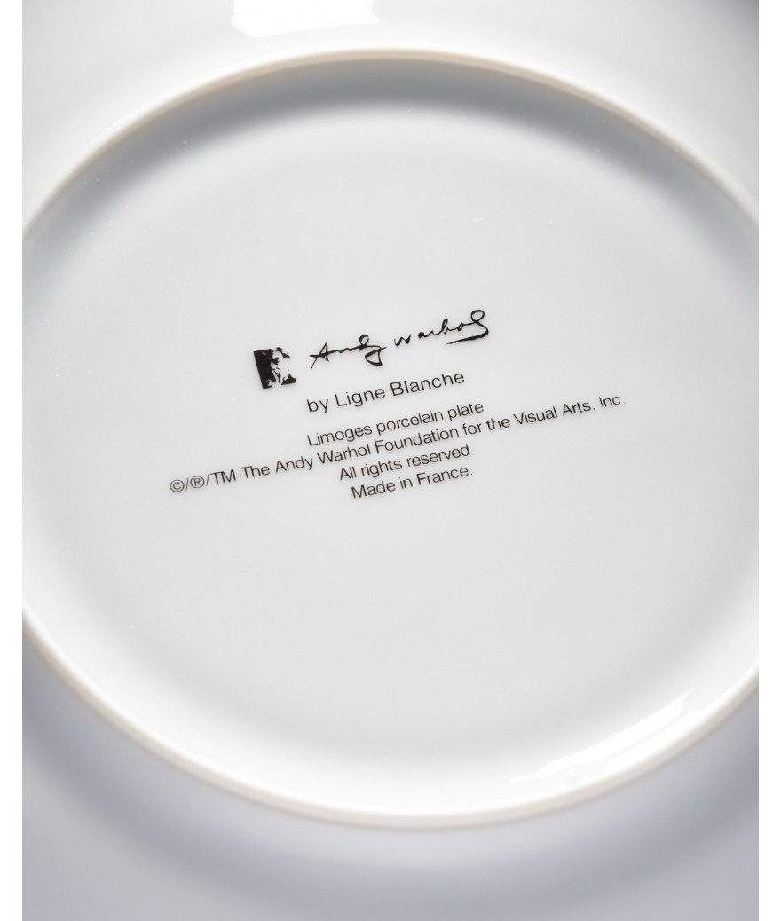 White ceramic plate with Andy Warhol branding and text on a white background