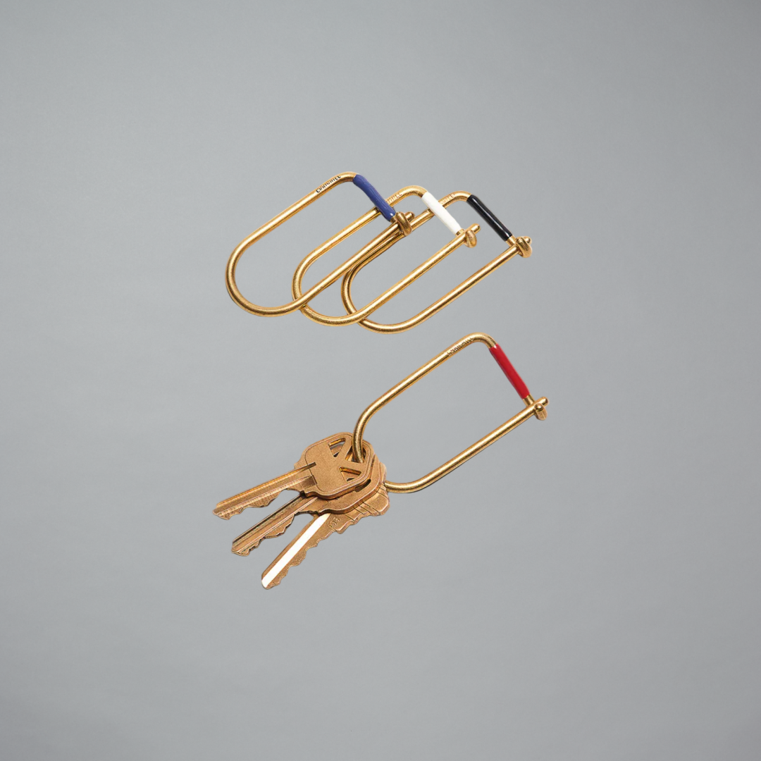 Gold keyring with keys on a gray background