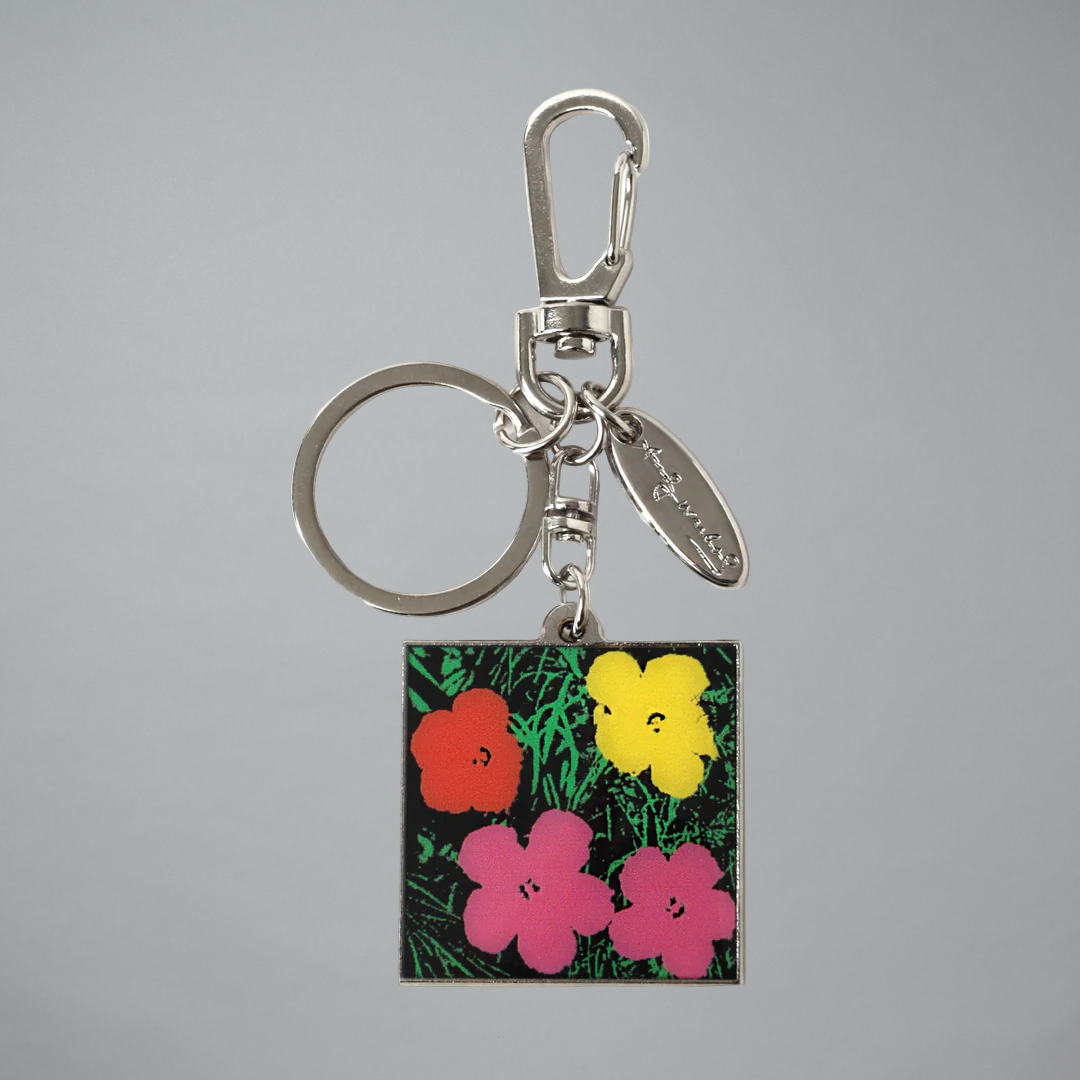 Andy Warhol Flowers keychain on a gray background