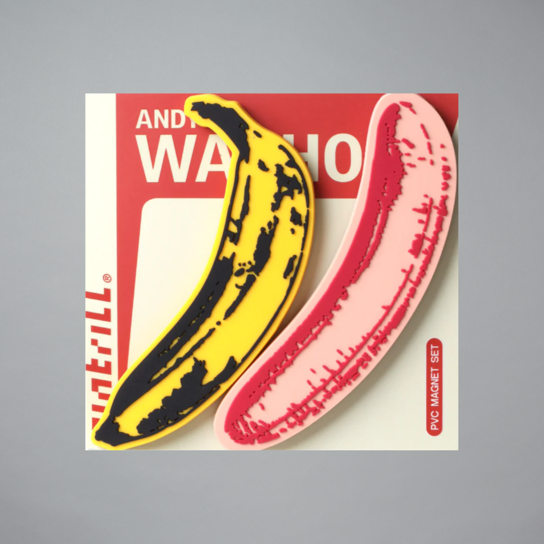 Andy Warhol Bananas magnet set on a gray background