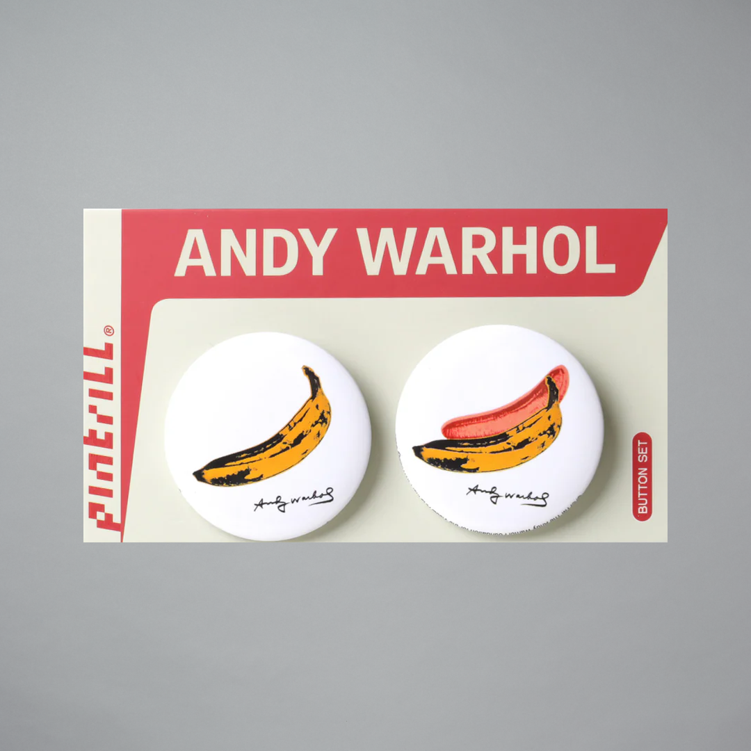 Andy Warhol Bananas Button Set on Andy Warhol packaging on gray background