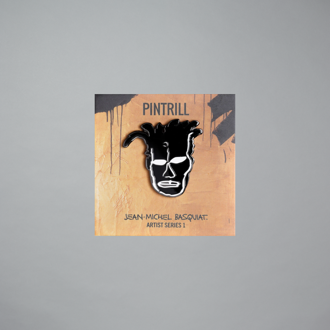 Jean-Michel Basquiat portrait pin on a gray background