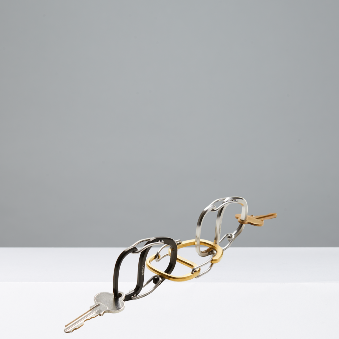 Assortment of carabiners with keys on a gray background