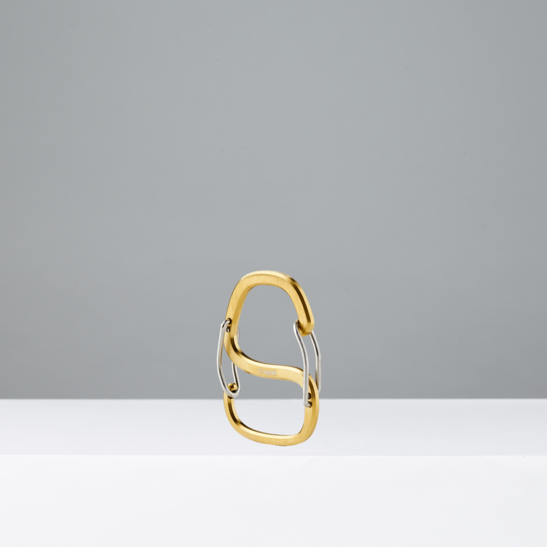 Gold and silver carabiner on a gray background
