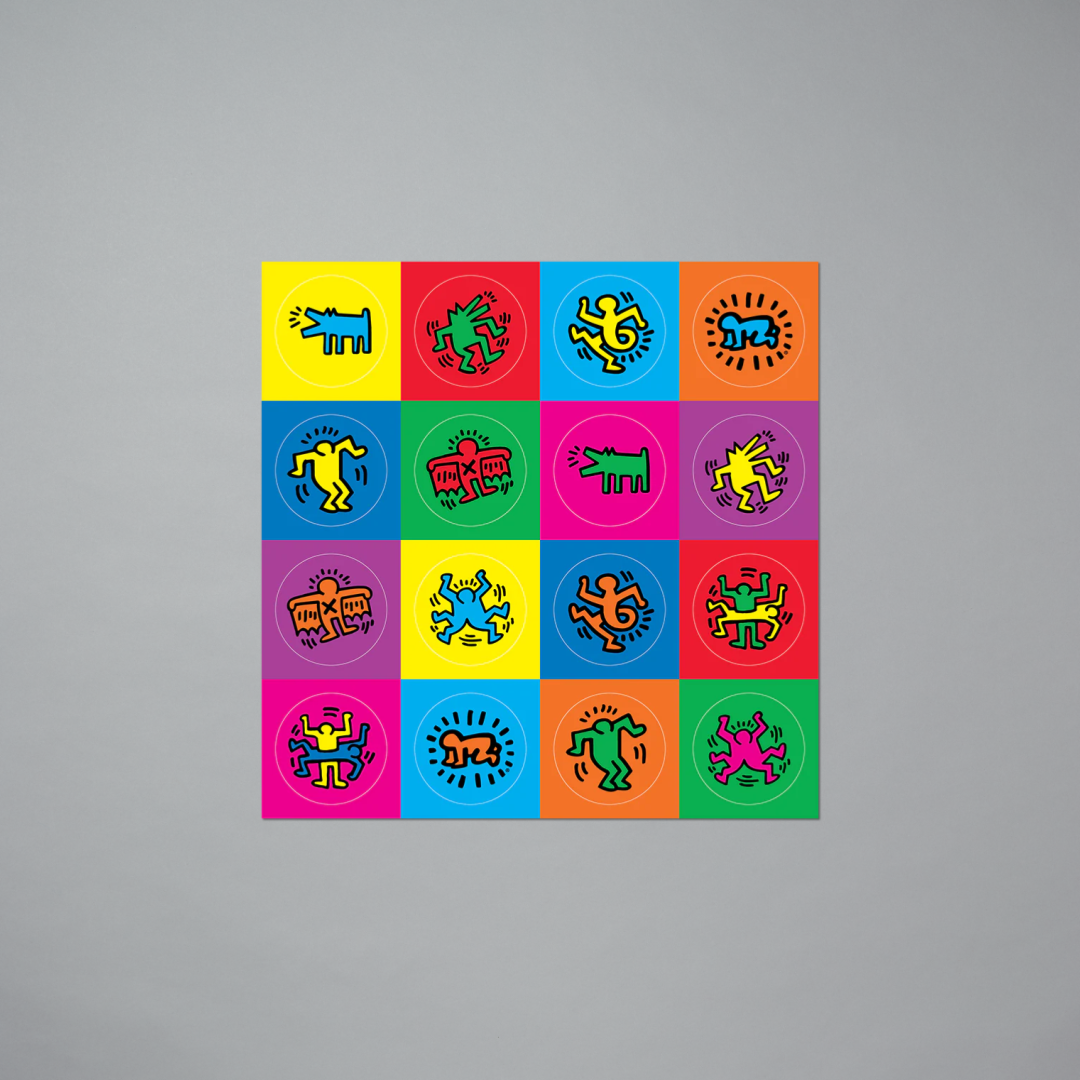 Sticker sheet featuring 16 various stickers by Keith Haring