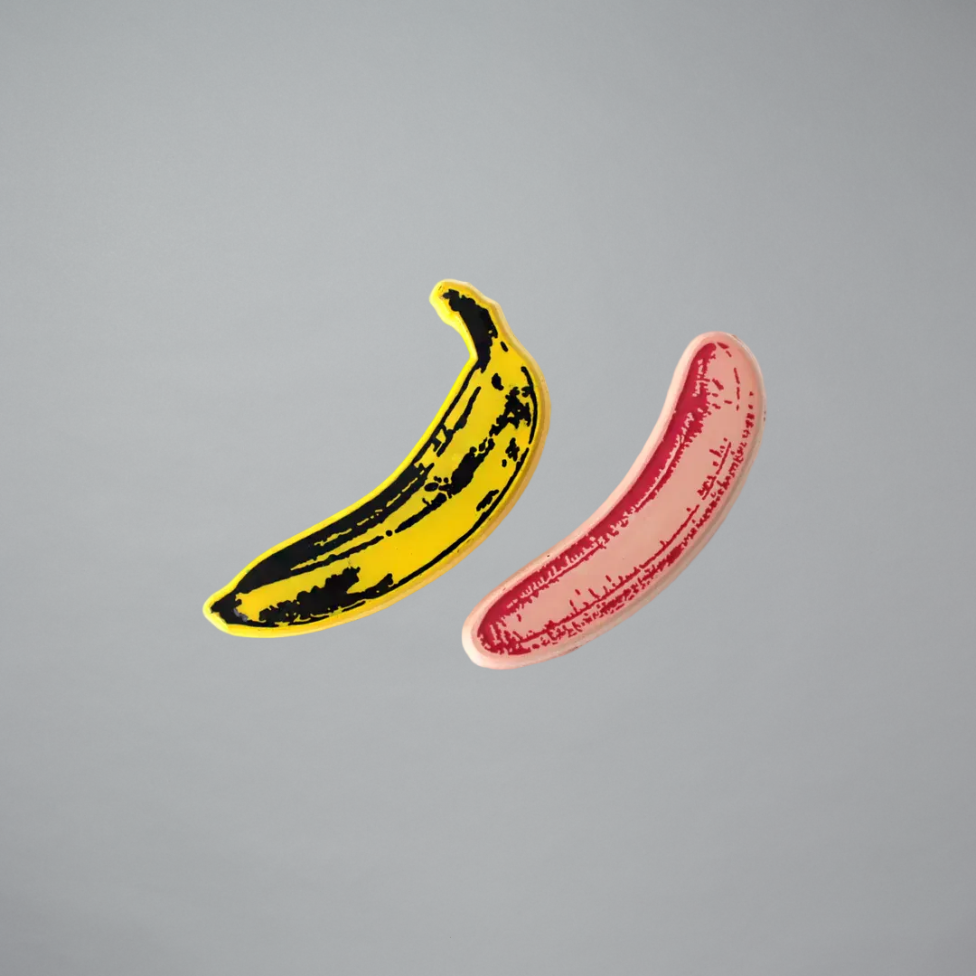 Yellow and Pink banana enamel pins by Andy Warhol