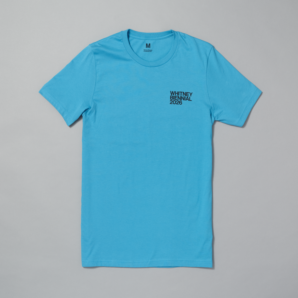 100% cotton blue t-shirt featuring Whitney Biennial 2026 in black text