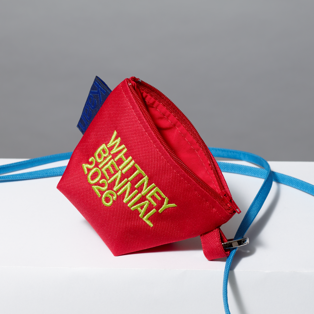 Red bag with 'Whitney Biennial 2026' text on a gray background
