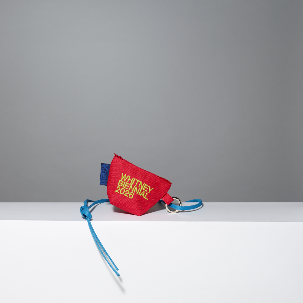 Red pouch with blue strap and 'Whitney Biennial 2026' text on a gray background