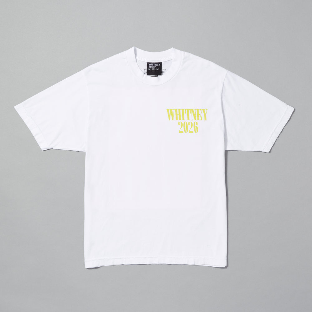 White t-shirt with Whitney 2026 in yellow text on a gray background