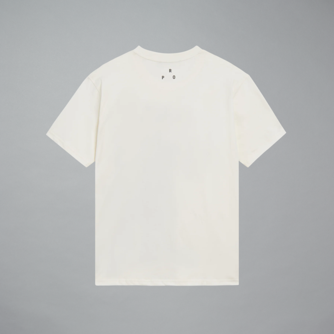 Sand colored t-shirt featuring R P O letters in black