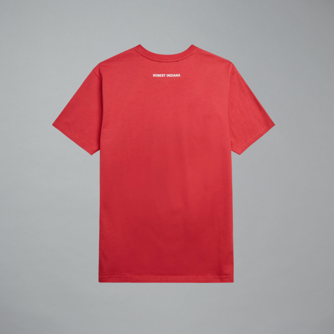 Red t-shirt featuring Robert Indiana in white text