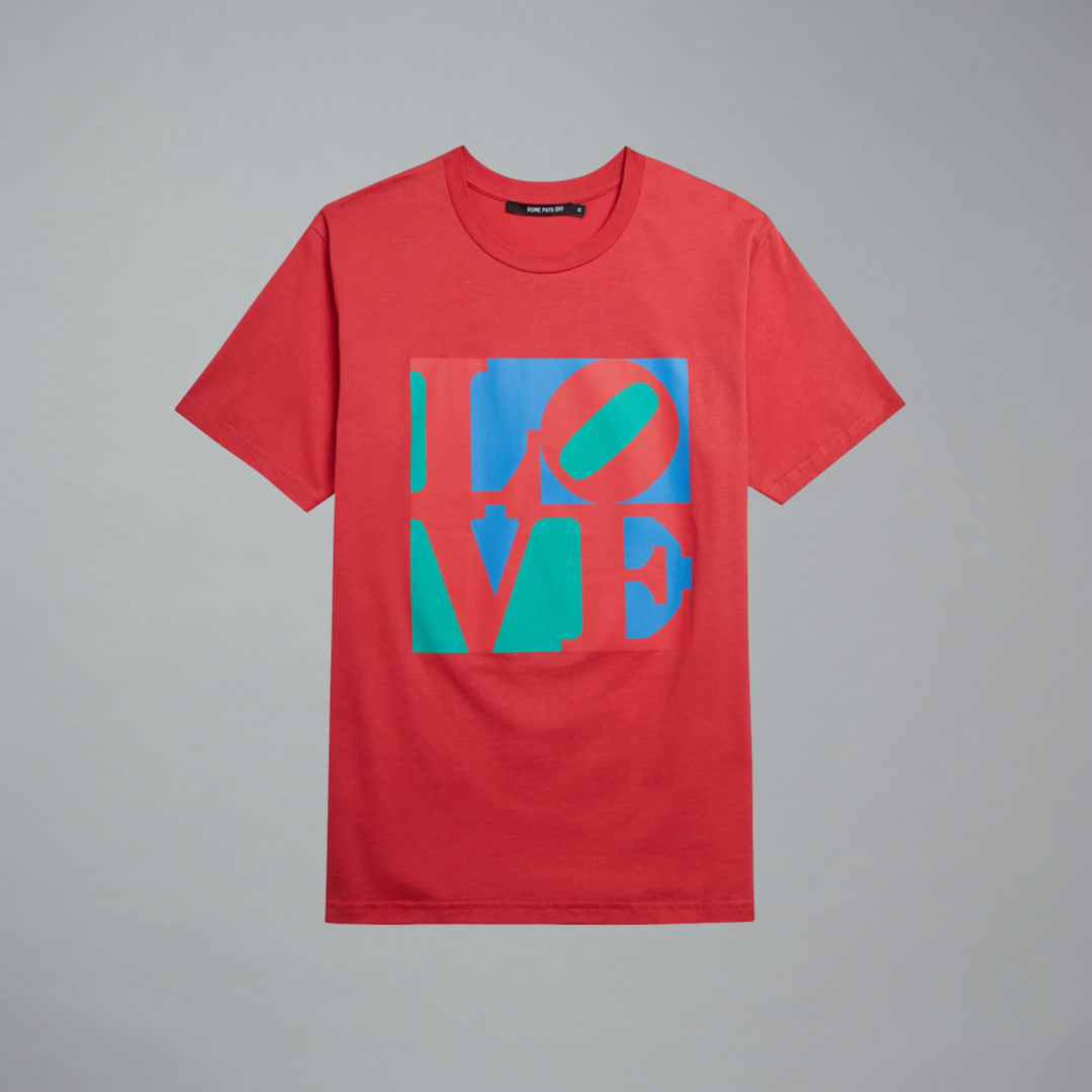 Red t-shirt featuring LOVE by Robert Indiana