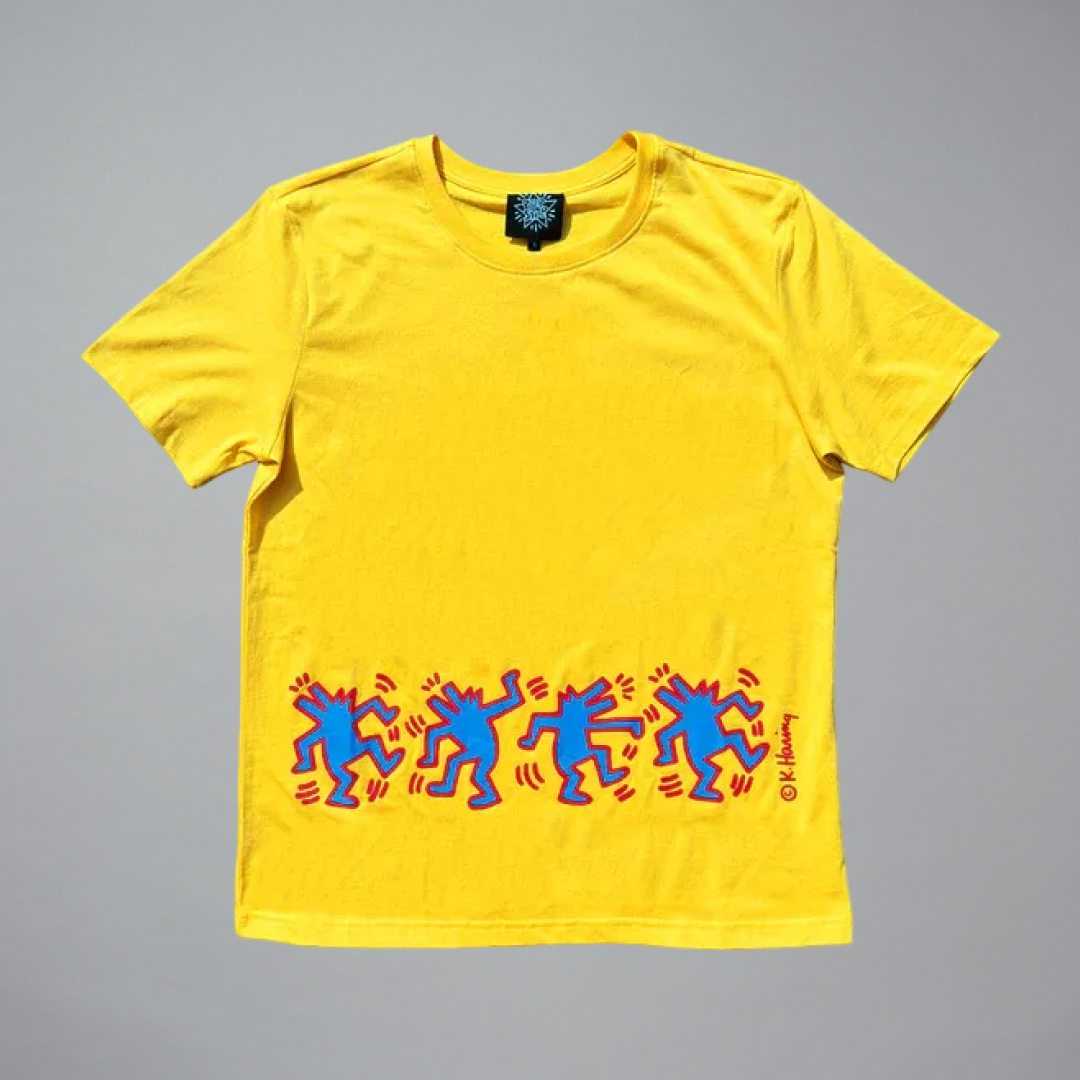 Yellow t-shirt with colorful graphic design on a gray background