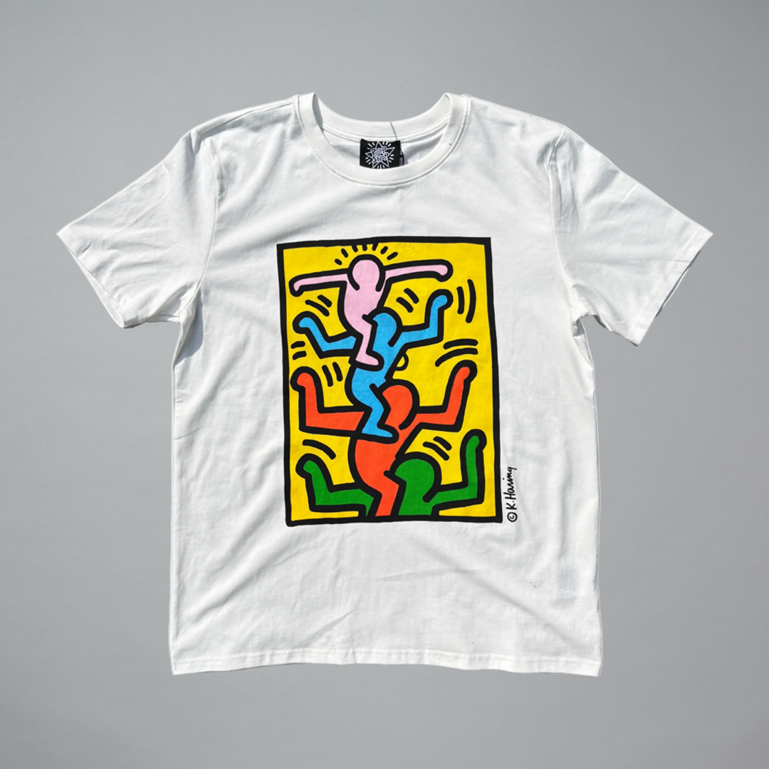White t-shirt with colorful graphic design on a gray background