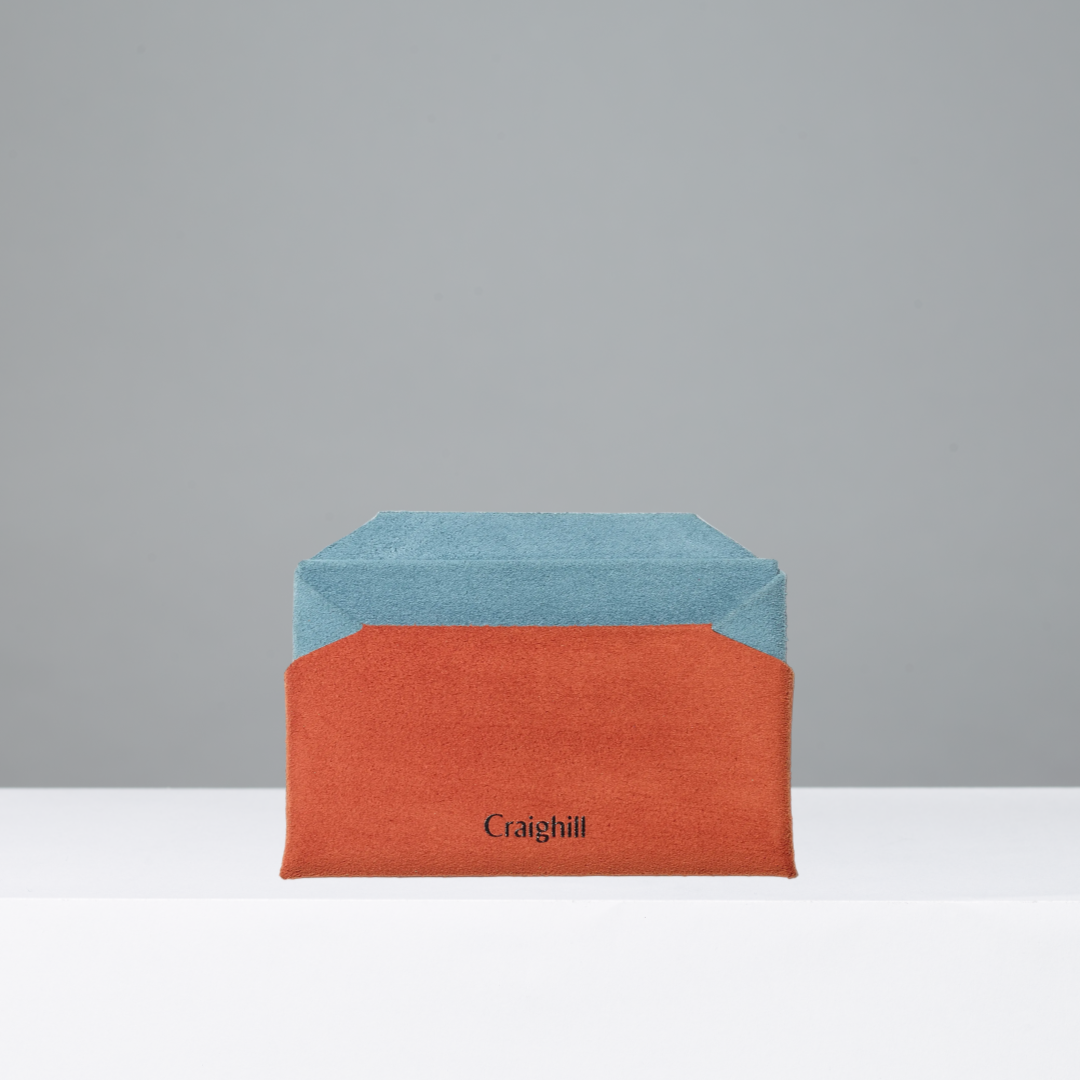 Two-toned card wallet with blue top and orange bottom, featuring the brand 'Craighill'.