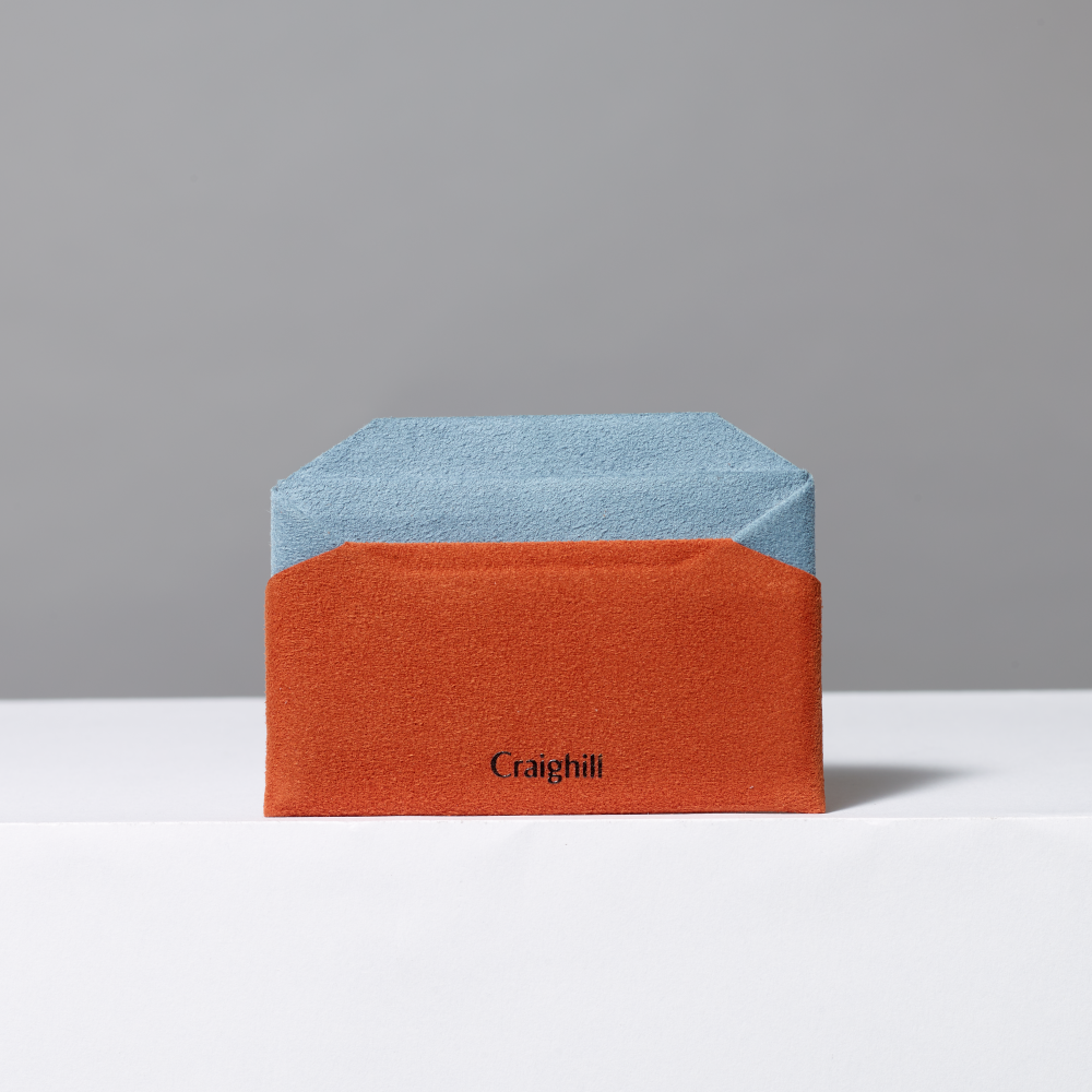 Two-toned card wallet with blue top and orange bottom, featuring the brand 'Craighill'.