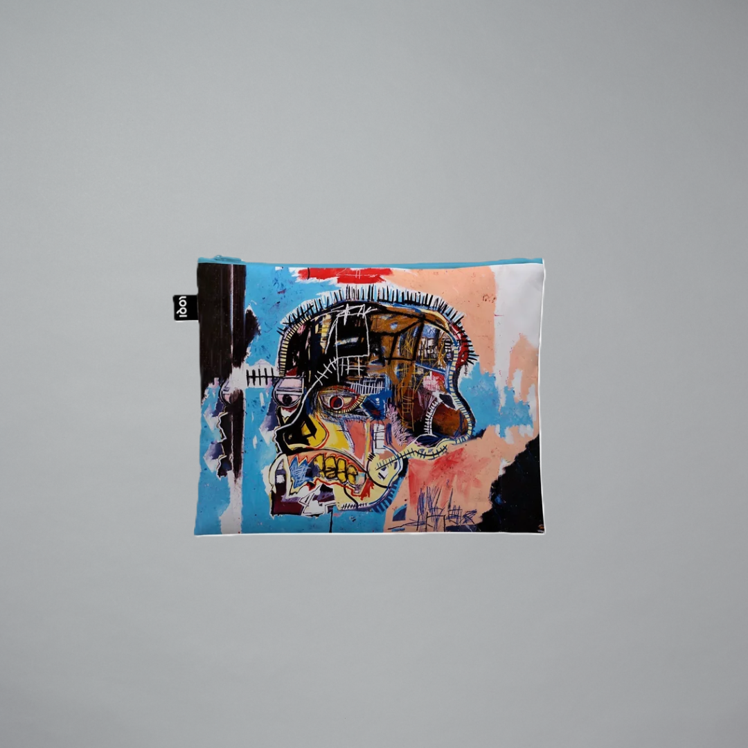 Recycled pouch featuring artwork design by Jean-Michel Basquiat on a gray background