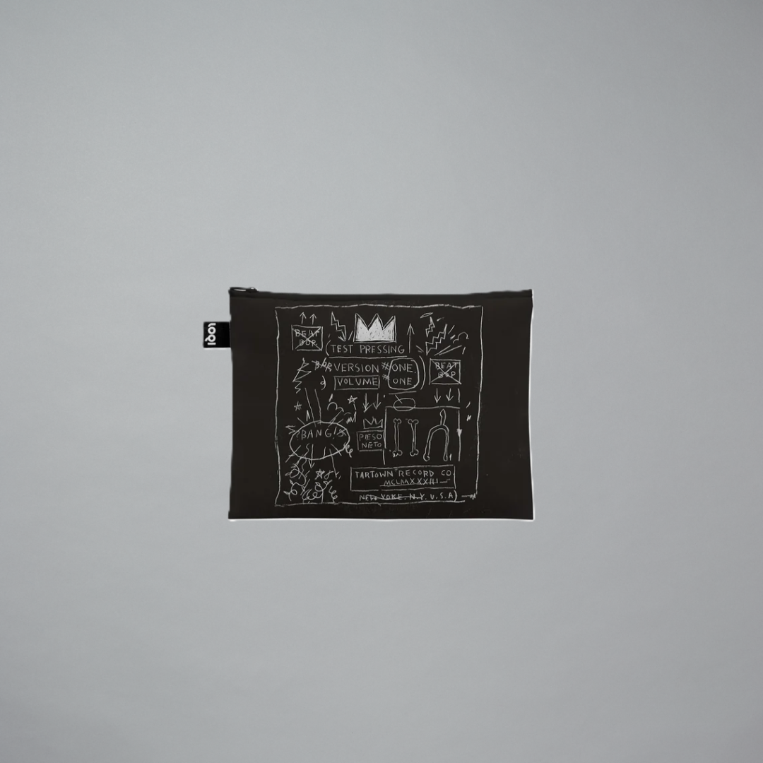 Recycled pouch featuring artwork design by Jean-Michel Basquiat on a gray background