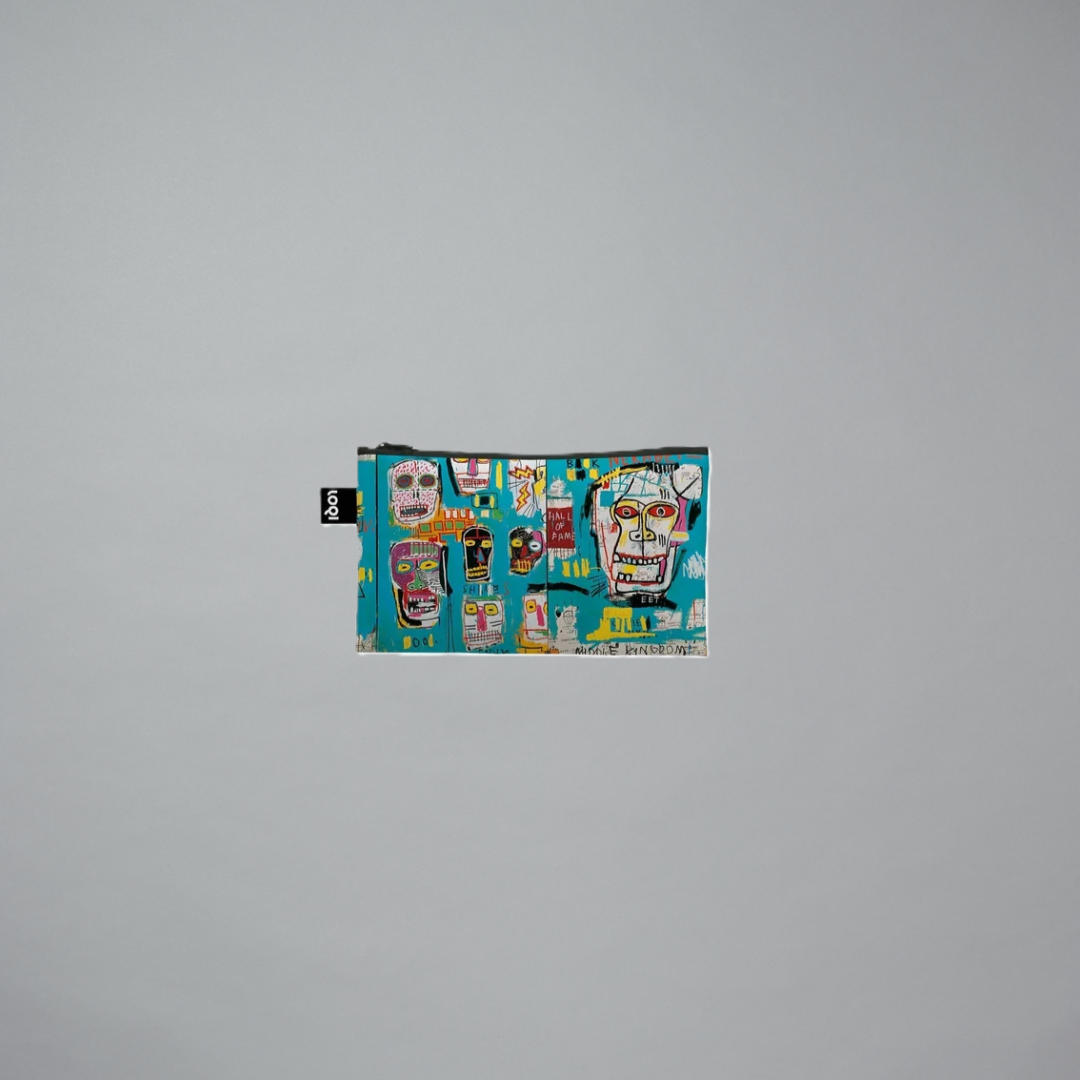 Recycled pouch featuring artwork design by Jean-Michel Basquiat on a gray background