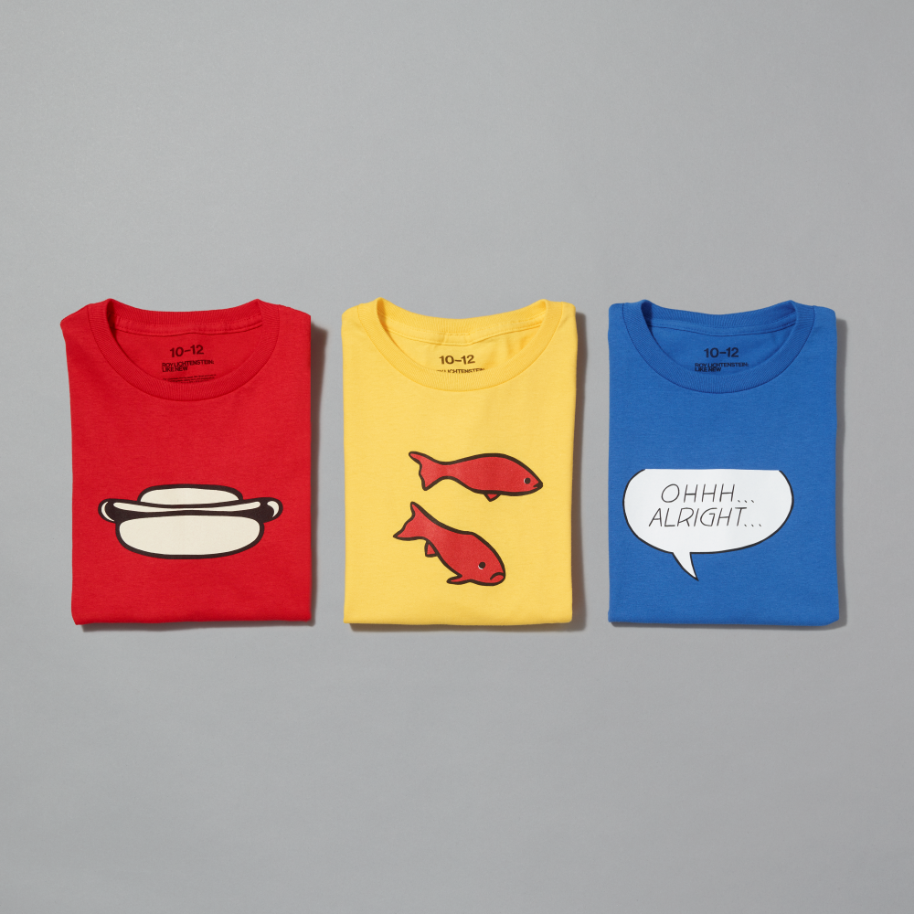 Set of three kids t-shirts in red, yellow and blue featuring works by Roy Lichtenstein on a gray background