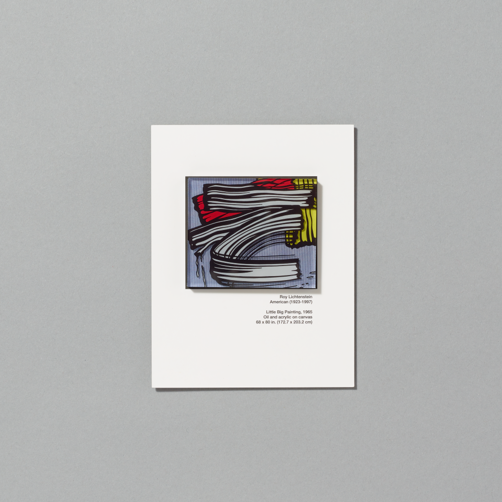 Magnet featuring Little Big Painting by Roy Lichtenstein on white cardboard packaging on a gray background