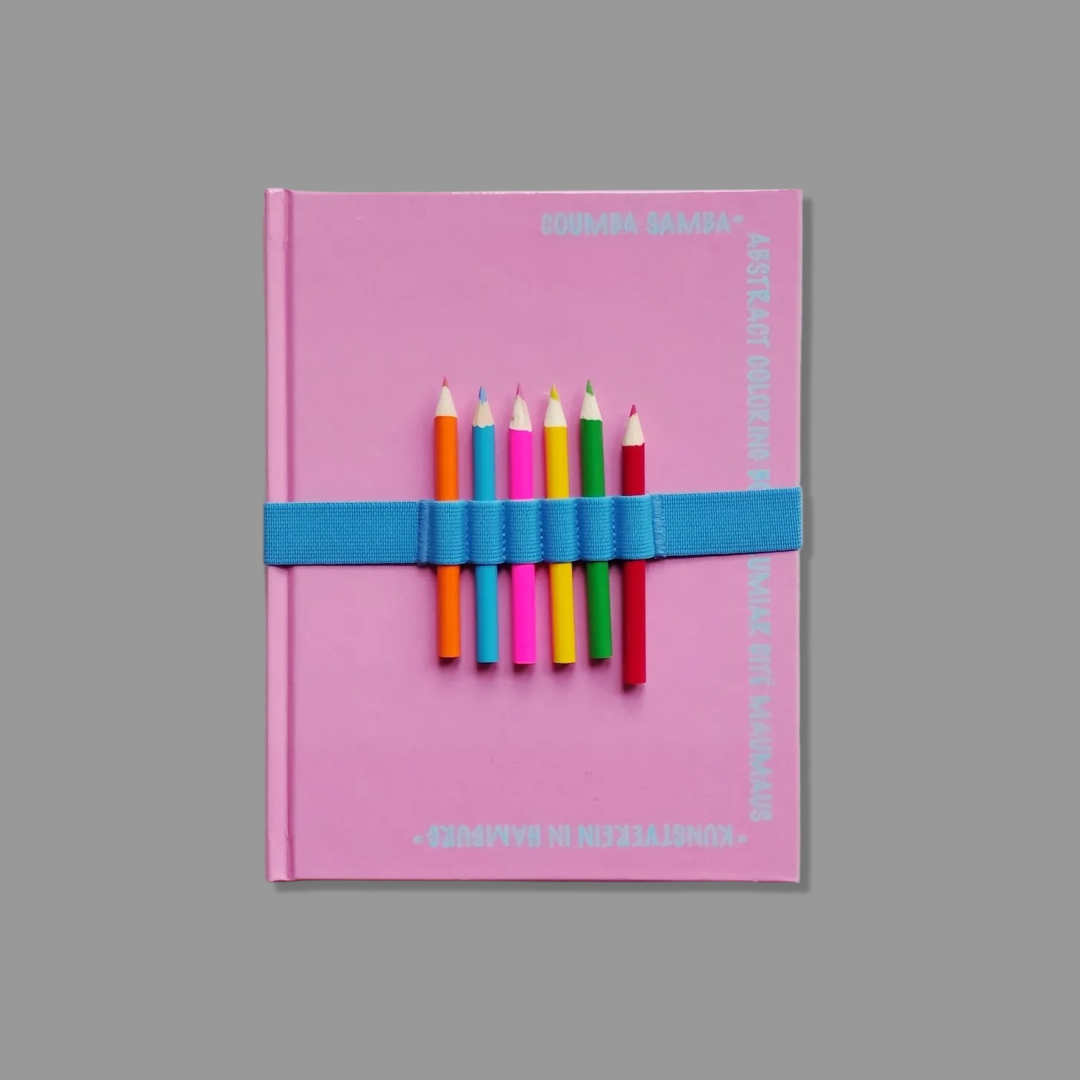 Book cover of Coumba Samba: Abstract Coloring Book with six multicolored pencils attached on a light blue ribbon