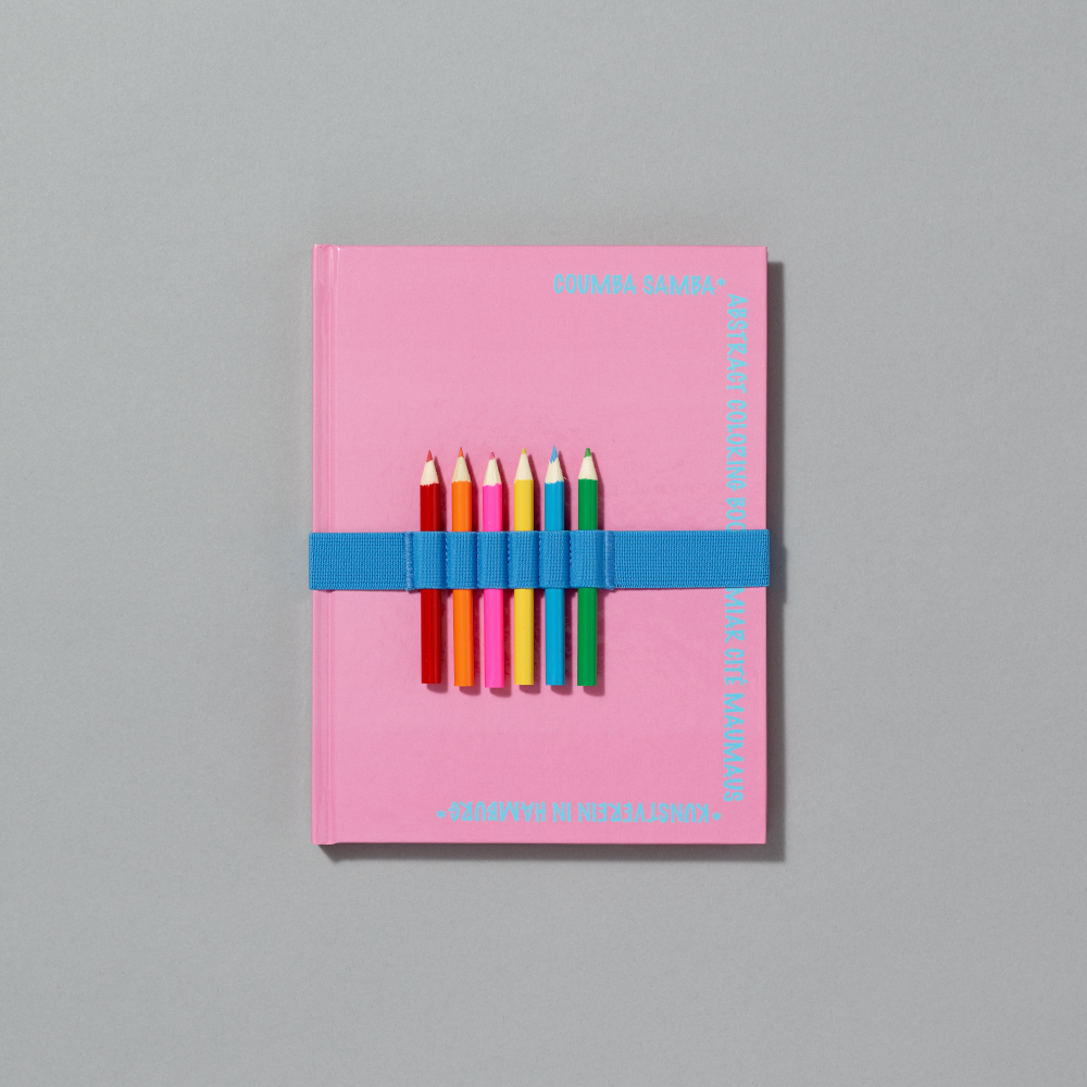 Book cover of Coumba Samba: Abstract Coloring Book with six multicolored pencils attached on a light blue ribbon