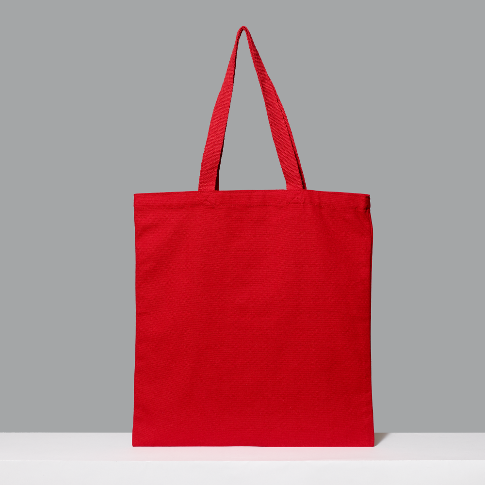 Red 100% cotton tote bag on a gray background