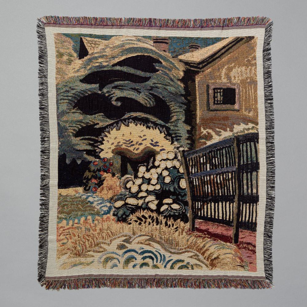 100% cotton woven throw blanket featuring Charles Burchfield's Noontide in Late May laid flat on a gray background