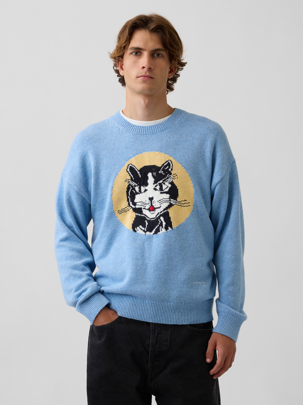 A model wearing a light blue crewneck sweater with a large graphic inspired by Roy Lichtenstein's work Laughing Cat on the chest, paired with black pants, against a light gray studio background