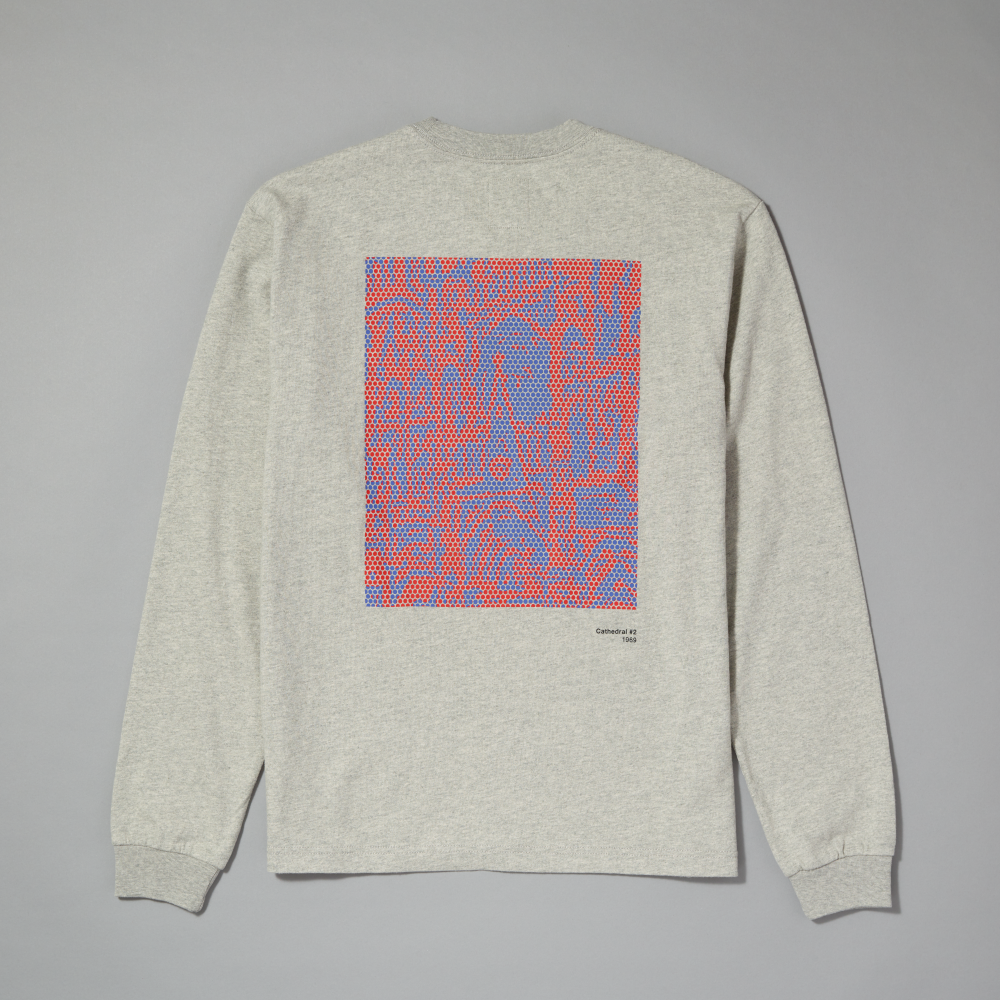 A light gray long-sleeve crewneck sweatshirt shown from the back, featuring a graphic print with an abstract pattern of red and blue hexagonal dots inspired by Roy Lichtenstein's work Cathedral #2 laid against a gray background