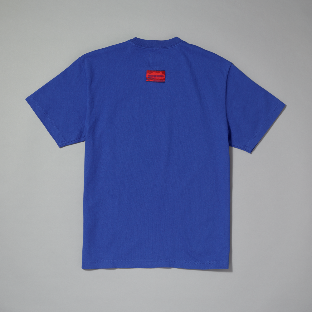 A royal blue short-sleeve t-shirt shown from the back, featuring a small red woven label centered on the upper back, laid flat on a neutral gray background