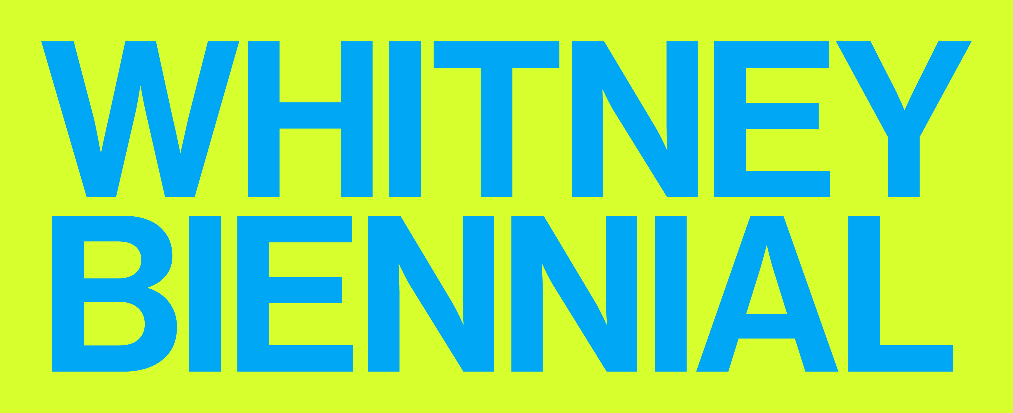 Banner featuring blue text 'WHITNEY BIENNIAL' on a yellow background