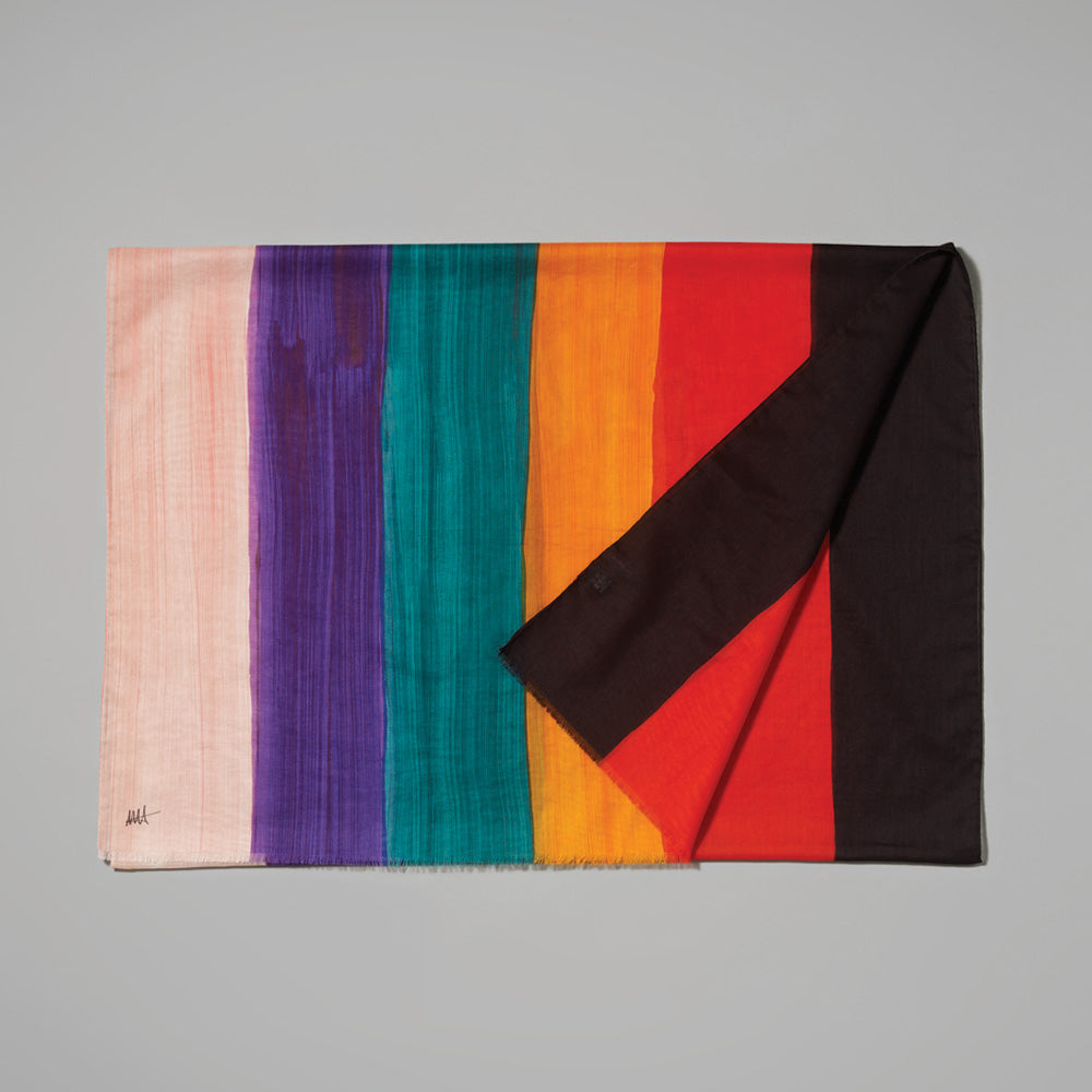100% cotton voile, with rolled edges Mary Heilmann scarf featuring pink, purple, teal, orange, red, and black stripes. Measures 27.50" x 78.75".