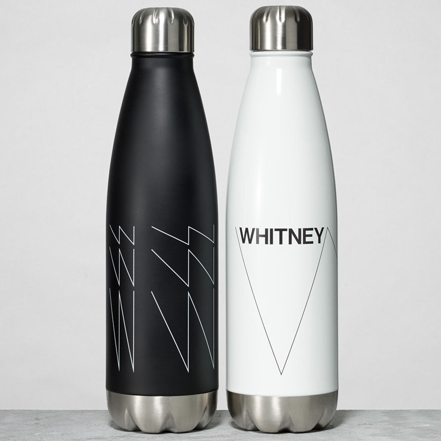 Black and white Whitney water bottles featuring the WHITNEY logo and responsive w's