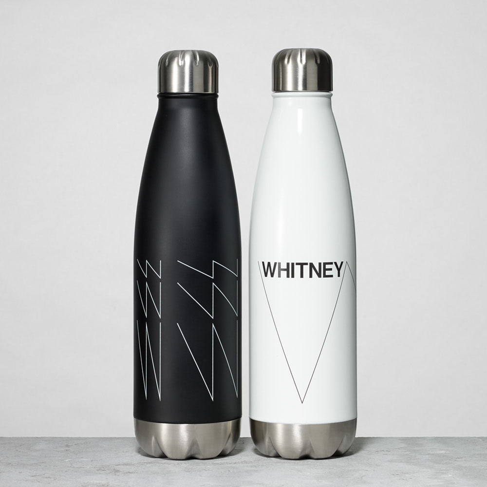 Black and white Whitney water bottles featuring the WHITNEY logo and responsive w's