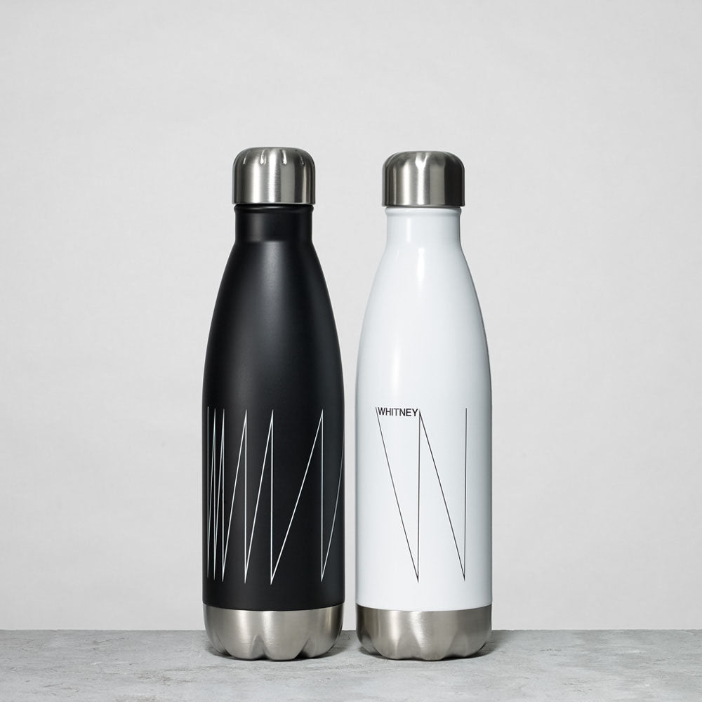 Black and white Whitney water bottles featuring the WHITNEY logo and responsive w's