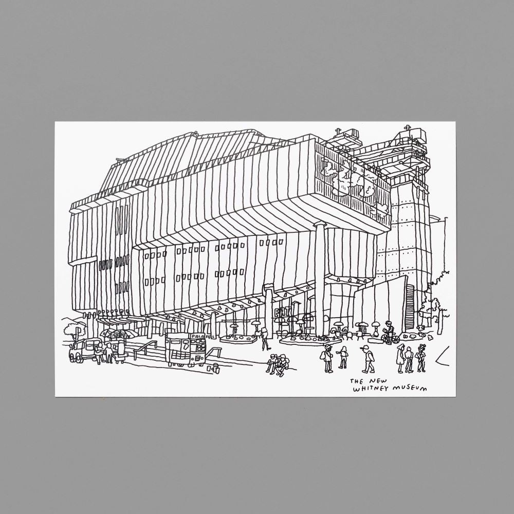 8.5" x 5.5" black and white postcard, featuring a sketch of the Whitney Museum of American Art by artist Jason Polan.