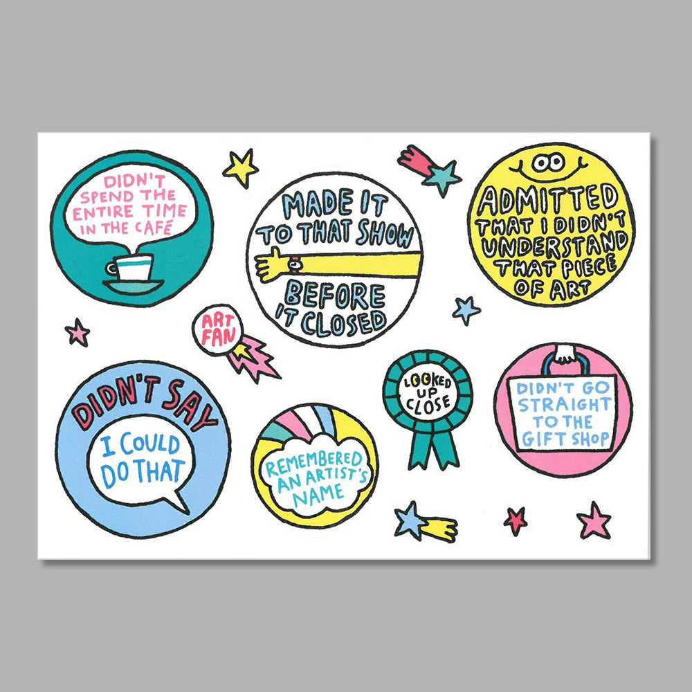 Set of colorful stickers with humorous phrases on a white background