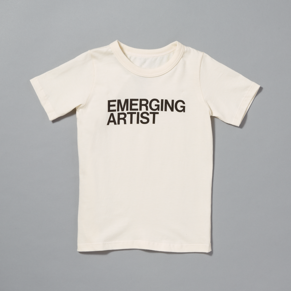 100% certified organic cotton white kid's t-shirt with Emerging Artist screen printed in black text