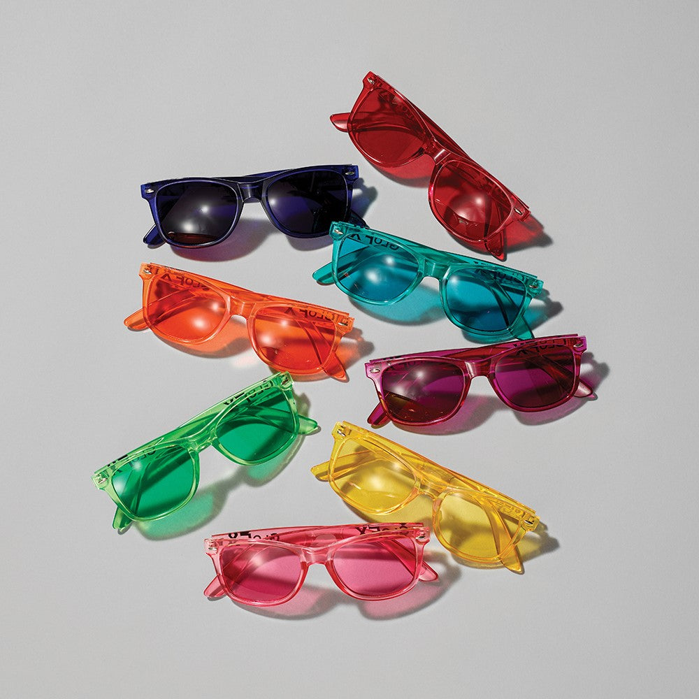 Selection of molded plastic color therapy glasses in red, indigo, aqua, orange, magenta, green, yellow, and pink