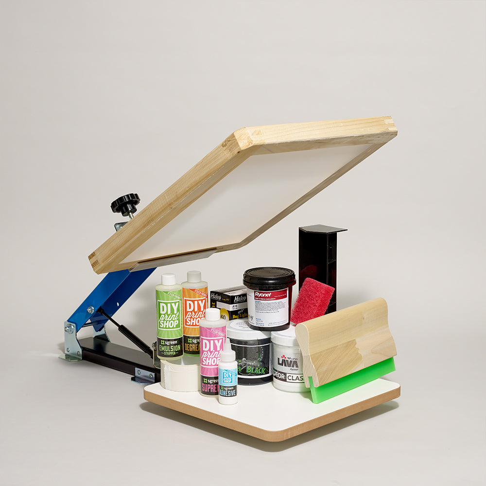 Poster Screen Printing Kit with press, screen, squeegee, inks, and eco-friendly cleaners