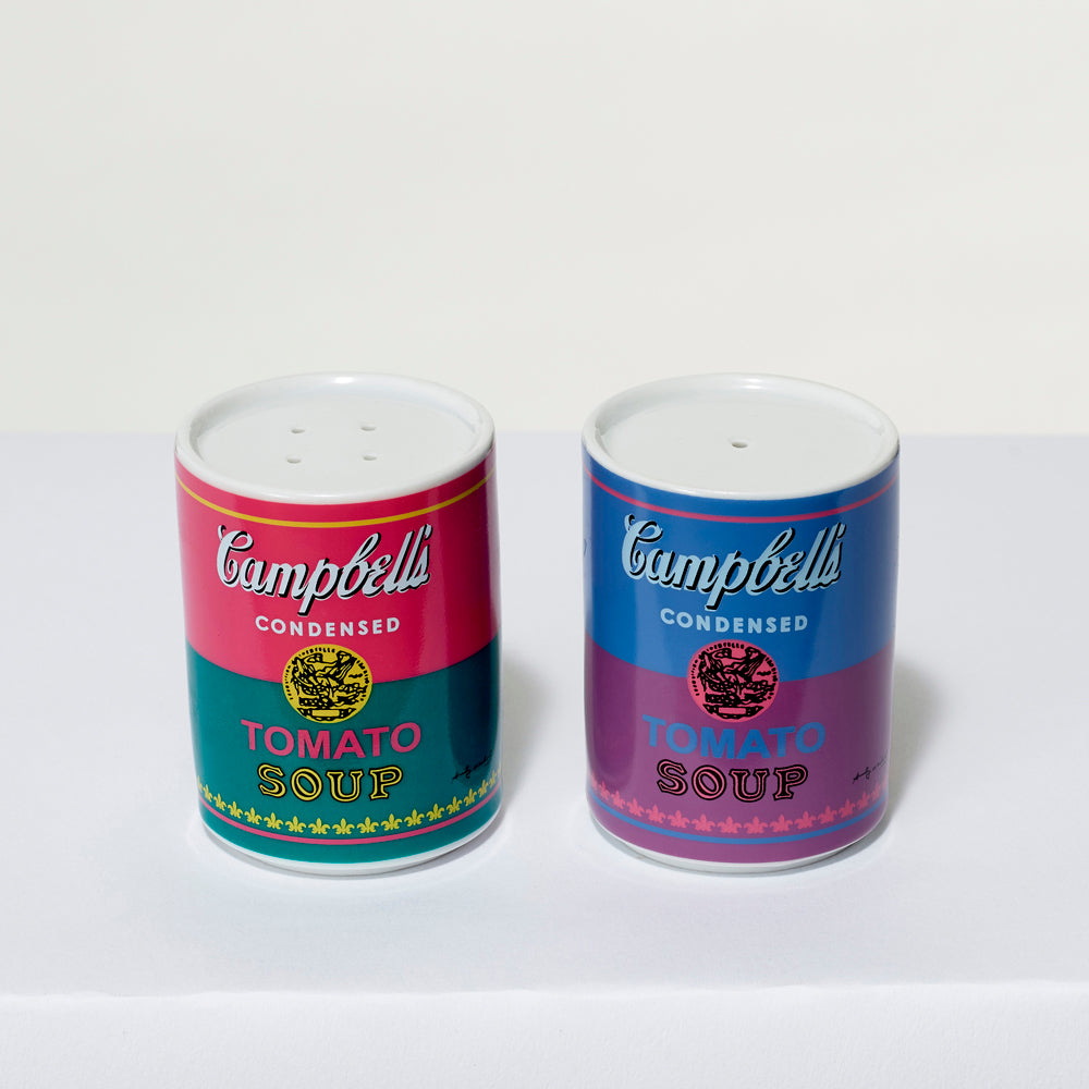 Set of two Porcelain 2.5" x 2" Andy Warhol tomato soup can salt and pepper shakers