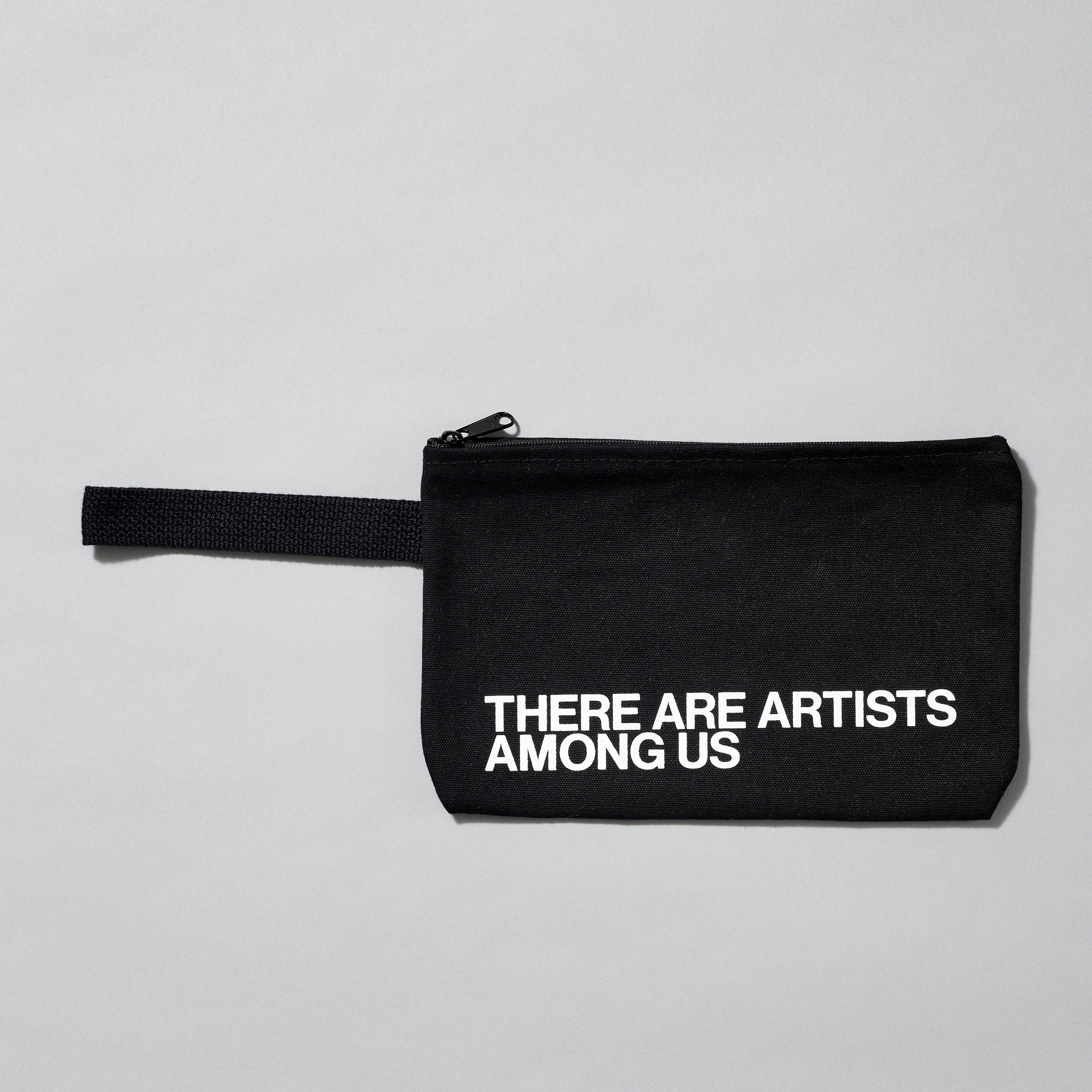 Black 100% Cotton pouch with There Are Artists Among Us text in white. Measures 10.5" x 7" with a 6" handle