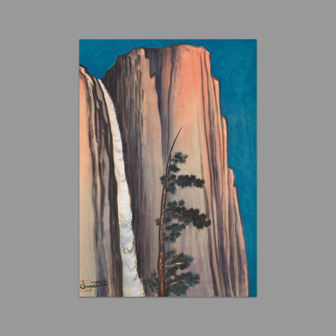 Postcard featuring Chiura Obata's Evening Glow of Yosemite Fall 