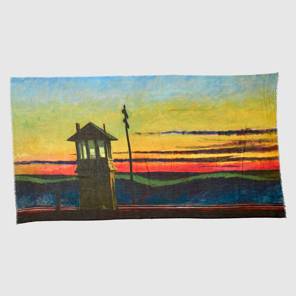50% Cotton 50% Modal scarf featuring Edward Hopper's Railroad Sunset. Measures 40" x 80"