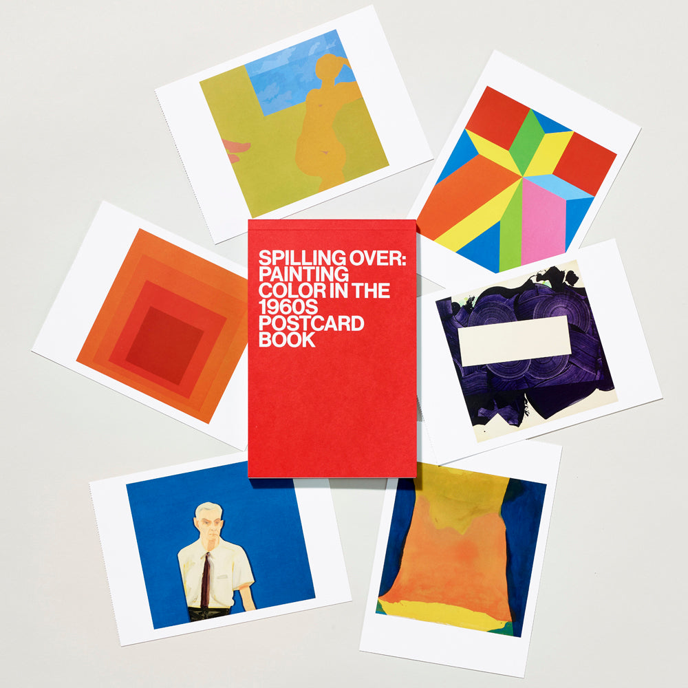 Red book titled 'Spilling Over: Painting Color in the 1960s' surrounded by colorful abstract art postcards on a light gray background.