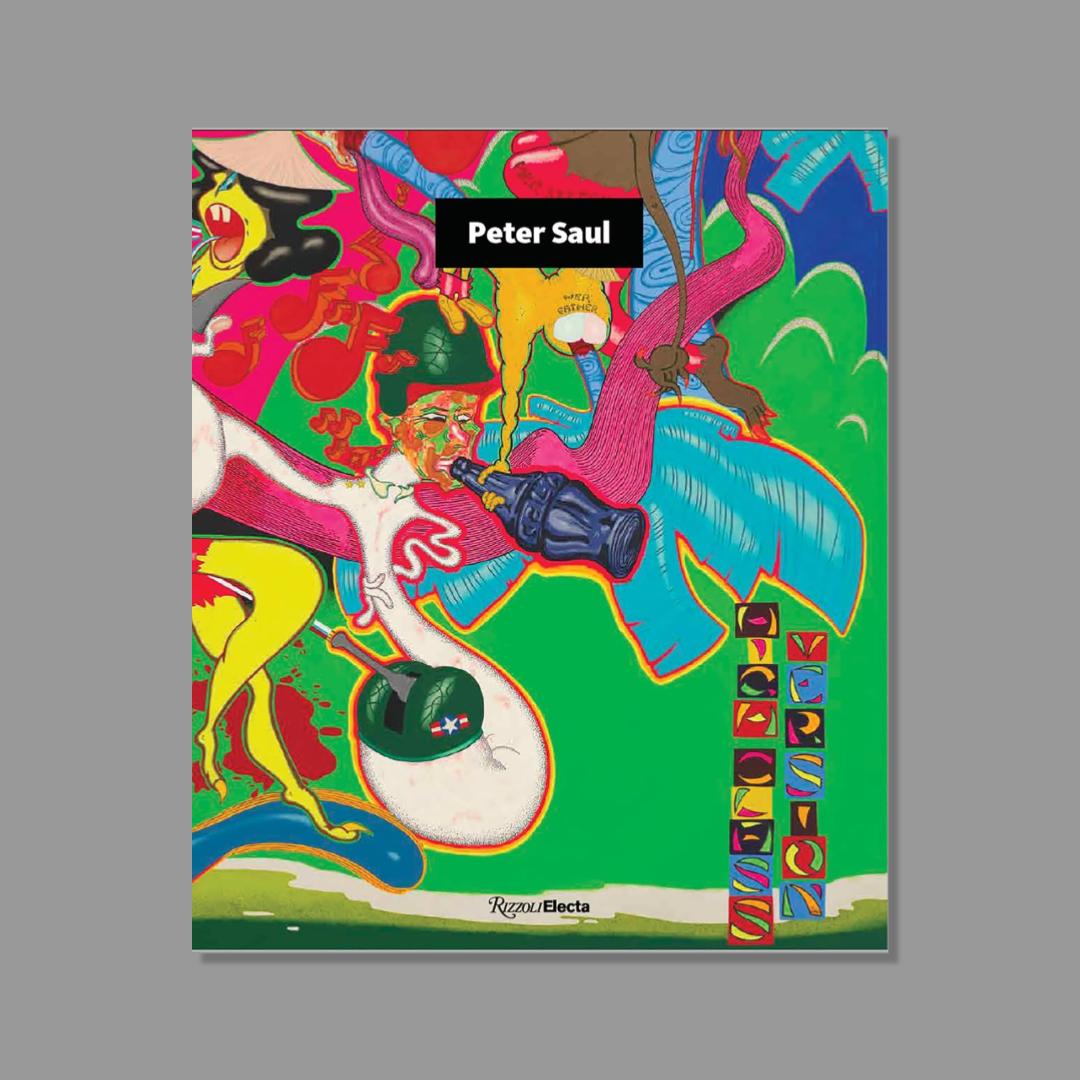 Colorful book cover with abstract design and 'Peter Saul' branding on a gray background