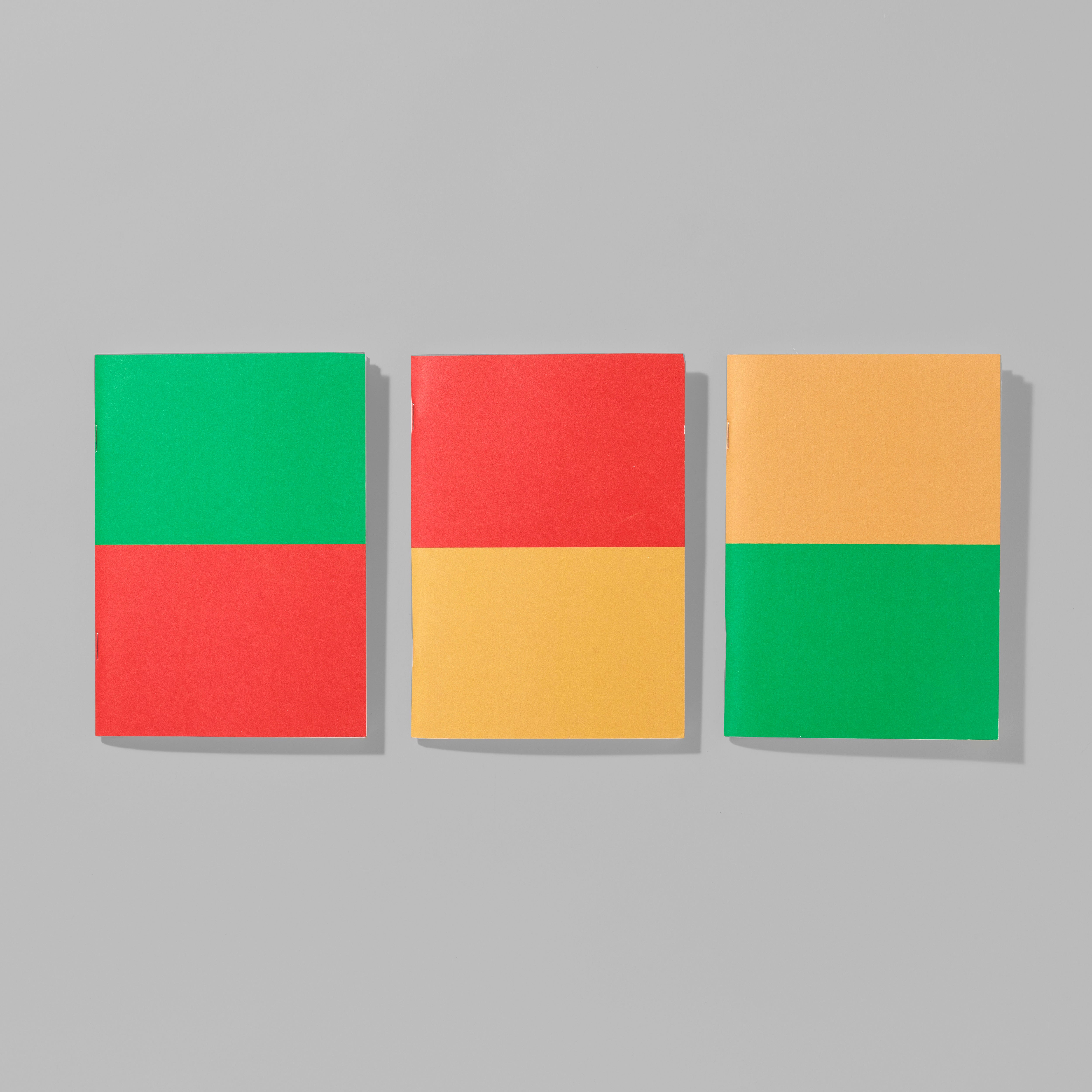 Biennial Sketchbooks in three color ways: Green/Orange, Orange/Yellow, and Yellow/Green